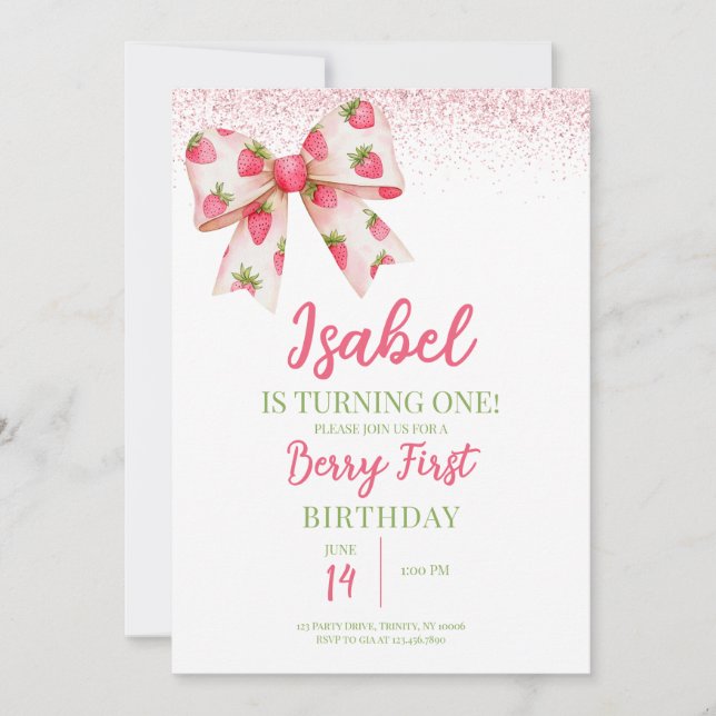 Invitación Cumpleaños de Strawberry Bow (Anverso)