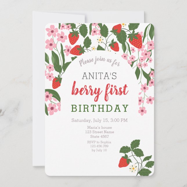 Invitación Cumpleaños de Strawberry Girl 1 año  (Anverso)