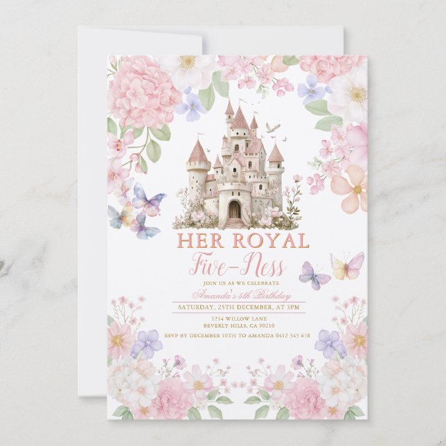 Invitación Cumpleaños de su Alteza Real cinco mariposas morad (Anverso)