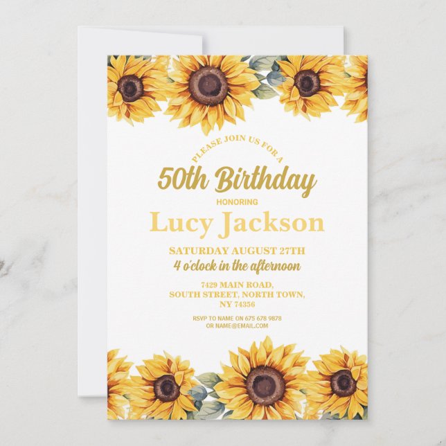 Invitación Cumpleaños de Sunflower 50.ª Floral Blanca (Anverso)