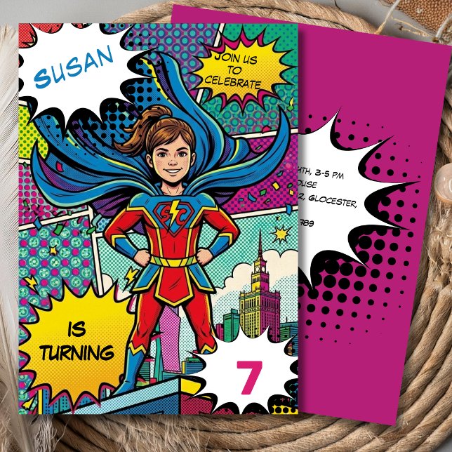 Invitación Cumpleaños de supergirl superhéroe de arte pop cóm (Subido por el creador)
