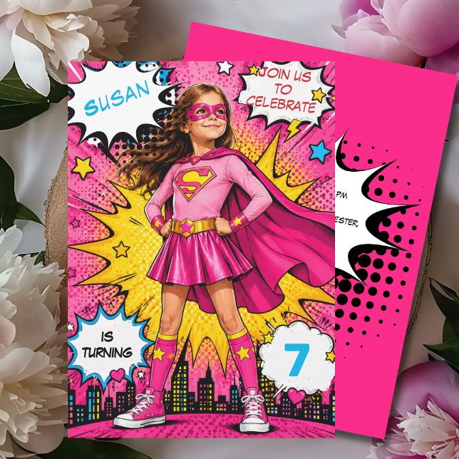 Invitación Cumpleaños de supergirl superhéroe de arte pop cóm (Subido por el creador)