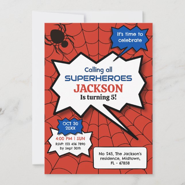 Invitación Cumpleaños de superhéroe 5 años niños araña rojo n (Anverso)