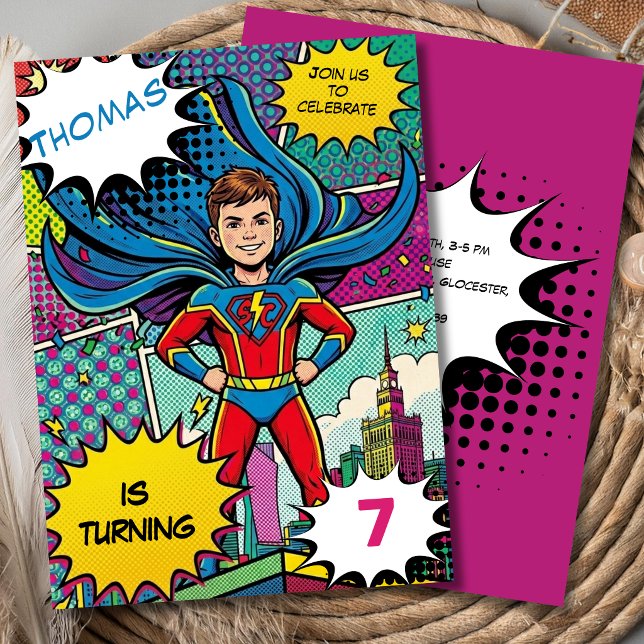 Invitación Cumpleaños de superhéroe de arte pop superchico (Subido por el creador)
