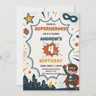 Invitación Cumpleaños de superhéroe de cómic Boy Pop Art
