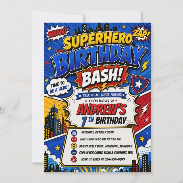 Invitación Cumpleaños de superhéroe de cómic digital personal (Anverso)