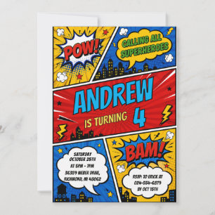 Invitación Cumpleaños de superhéroe de cómic personalizado