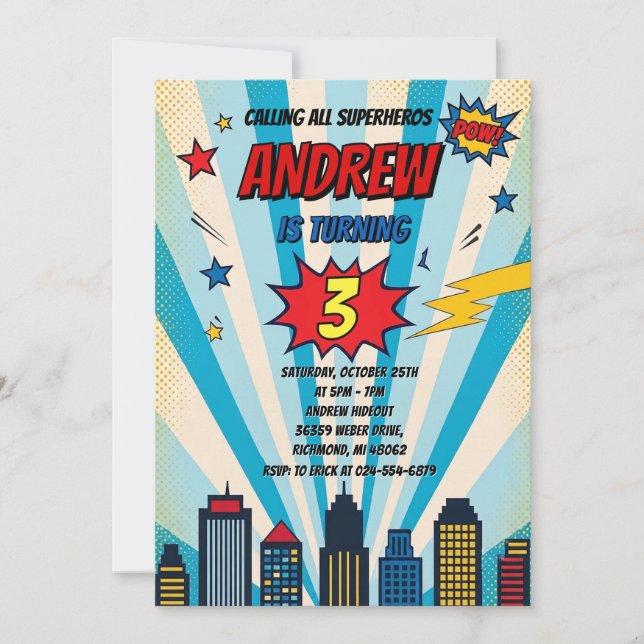 Invitación Cumpleaños de superhéroe de cómic vintage personal (Anverso)