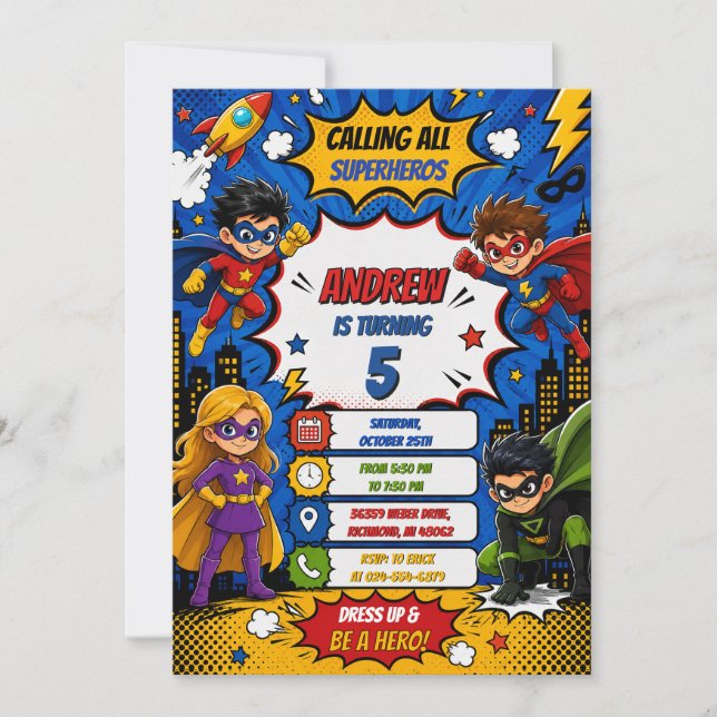 Invitación Cumpleaños de superhéroe de libro de cómic digital (Anverso)