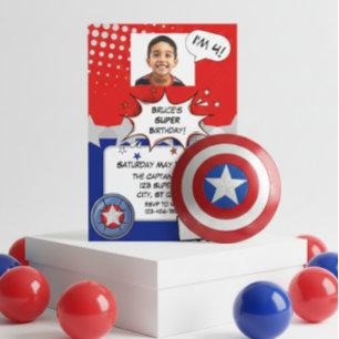 Invitación Cumpleaños de superhéroe niño, rojo, blanco, plate
