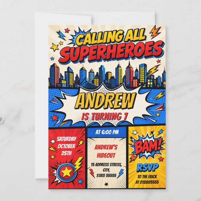 Invitación Cumpleaños de Superhéroe Personalizado (Anverso)