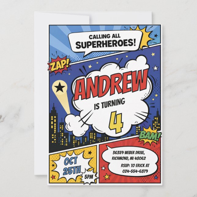 Invitación Cumpleaños de superhéroes de cómics personales (Anverso)