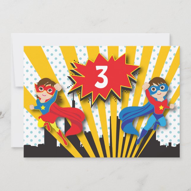Invitación Cumpleaños de superhéroes gemelos (Anverso)