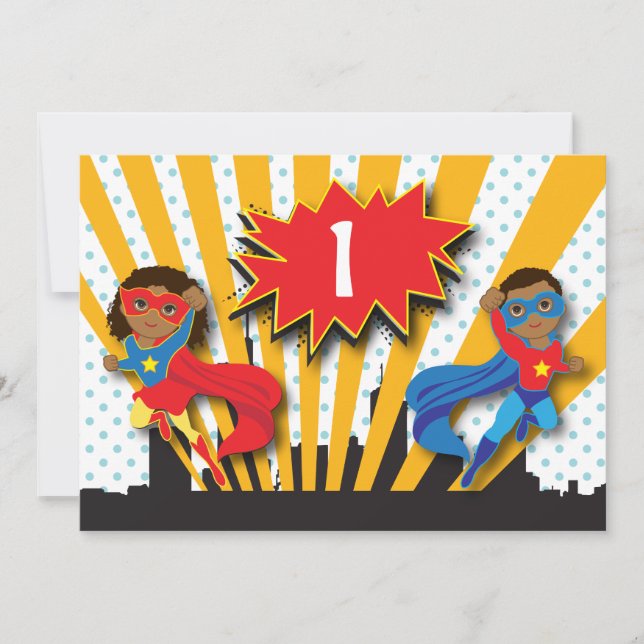 Invitación Cumpleaños de superhéroes gemelos (Anverso)