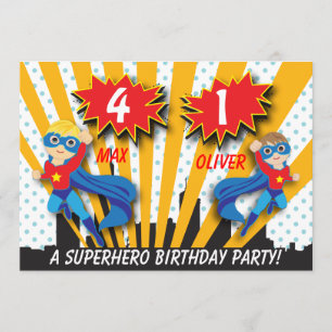 Invitación Cumpleaños de superhéroes gemelos Boys Brown/Blo