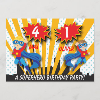 Invitación Cumpleaños de superhéroes gemelos | Boys Brown/Blo