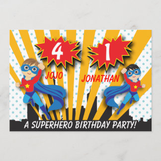 Invitación Cumpleaños de superhéroes gemelos| Cabello marrón/