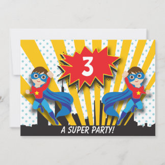 Invitación Cumpleaños de superhéroes gemelos| Cabello marrón