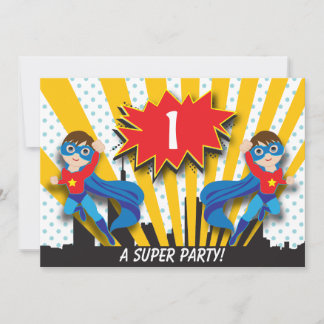 Invitación Cumpleaños de superhéroes gemelos| Cabello marrón