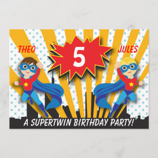 Invitación Cumpleaños de superhéroes gemelos| Cabello marrón/