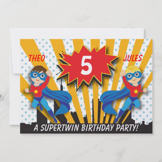 Invitación Cumpleaños de superhéroes gemelos| Cabello marrón/ (Anverso)