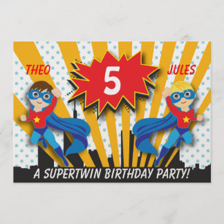 Invitación Cumpleaños de superhéroes gemelos| Cabello marrón/