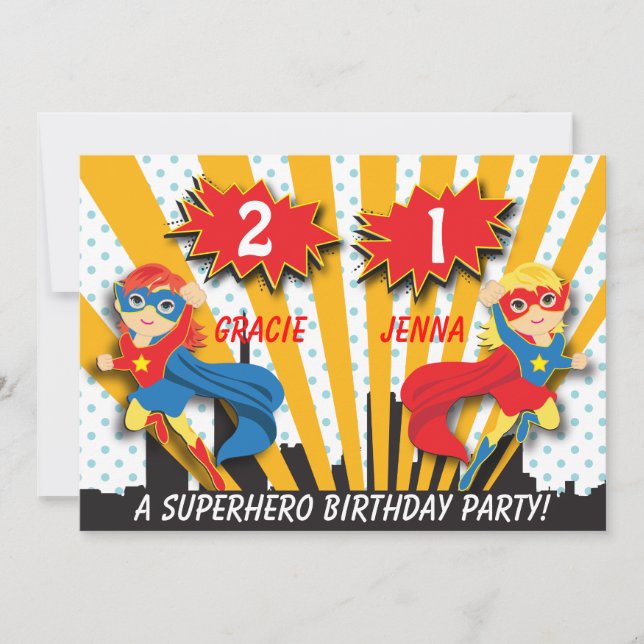 Invitación Cumpleaños de superhéroes gemelos | Chicas de pelo (Anverso)