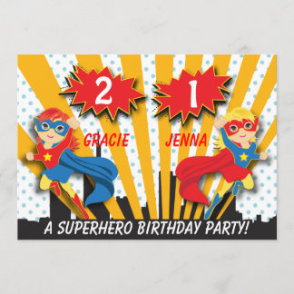 Invitación Cumpleaños de superhéroes gemelos | Chicas de pelo