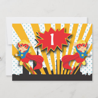 Invitación Cumpleaños de superhéroes gemelos| Chicas rubios