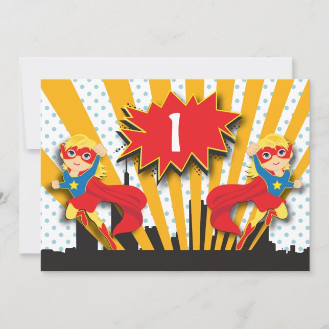 Invitación Cumpleaños de superhéroes gemelos| Chicas rubios (Anverso)