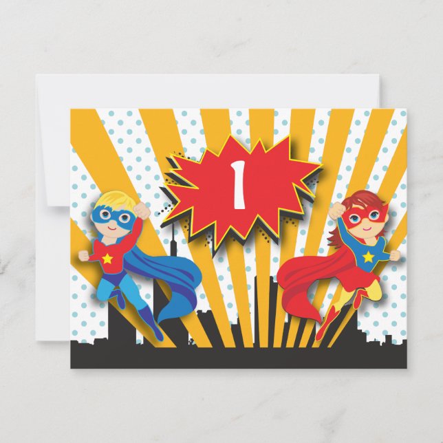Invitación Cumpleaños de superhéroes gemelos| Niño y Chica (Anverso)