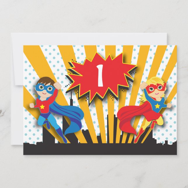 Invitación Cumpleaños de superhéroes gemelos| Niño y Chica (Anverso)