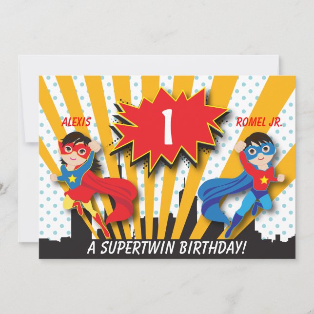 Invitación Cumpleaños de Superheroína Chica Twin Boy (Anverso)