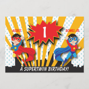 Invitación Cumpleaños de Superheroína Chica Twin Boy