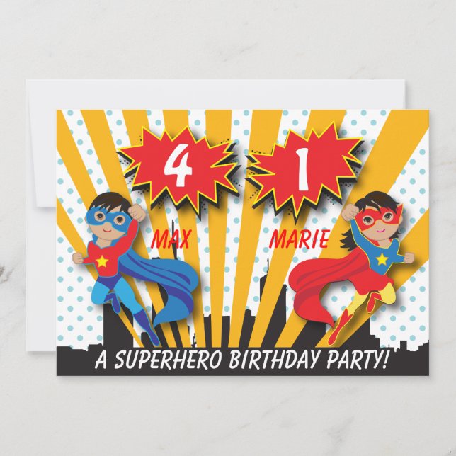 Invitación Cumpleaños de Superheroína Chica Twin Boy (Anverso)