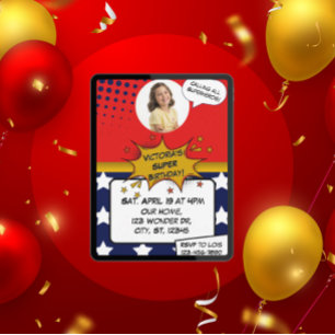 Invitación Cumpleaños de superheroína roja, azul, dorada y es