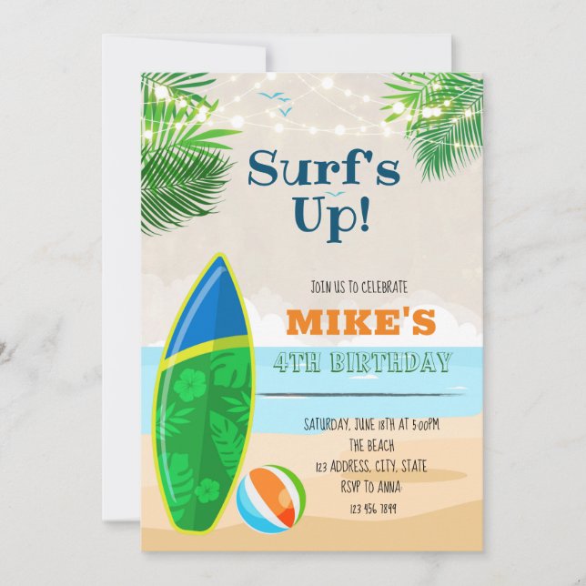 Invitación Cumpleaños de surf en la playa lindo (Anverso)