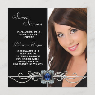 Invitación Cumpleaños de Sweet Sixteen con Diamante Plateado