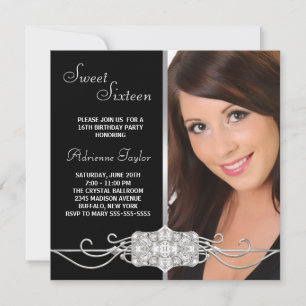 Invitación Cumpleaños de Sweet Sixteen con Diamante Plateado 