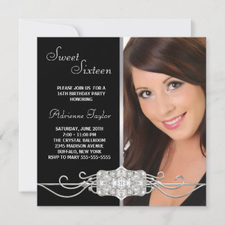 Invitación Cumpleaños de Sweet Sixteen con Diamante Plateado