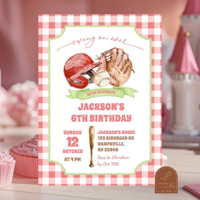 Invitación Cumpleaños de swing de béisbol preppy rojo (Subido por el creador)