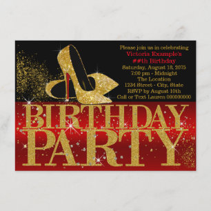 Invitación Cumpleaños de Tacón Alto con Brillo Rojo Negro y D