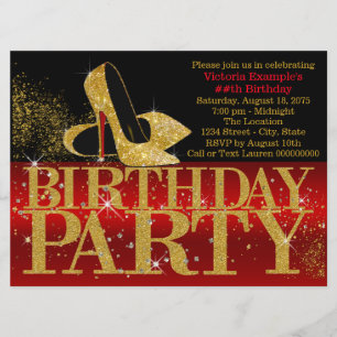Invitación Cumpleaños de Tacón Alto con Brillo Rojo Negro y D