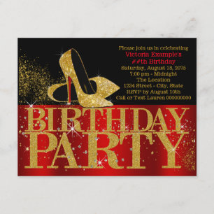Invitación Cumpleaños de Tacón Alto con Brillo Rojo Negro y D
