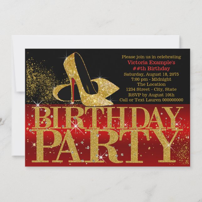 Invitación Cumpleaños de Tacón Alto con Brillo Rojo Negro y D (Anverso)