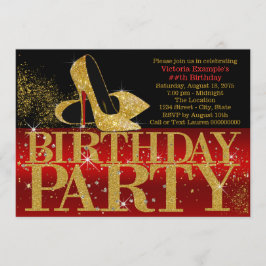 Invitación Cumpleaños de Tacón Alto con Brillo Rojo Negro y D