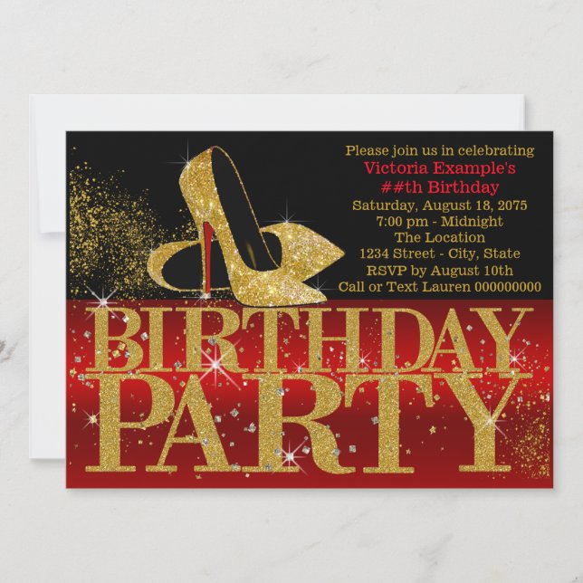 Invitación Cumpleaños de Tacón Alto con Brillo Rojo Negro y D (Anverso)