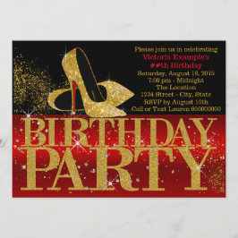 Invitación Cumpleaños de Tacón Alto con Brillo Rojo Negro y D