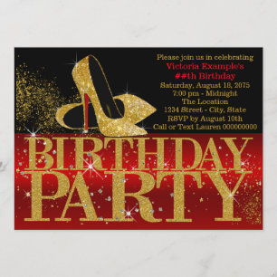Invitación Cumpleaños de Tacón Alto con Brillo Rojo Negro y D