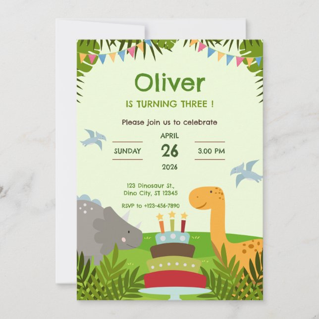 Invitación Cumpleaños de Tarta de Dinosaurio (Anverso)